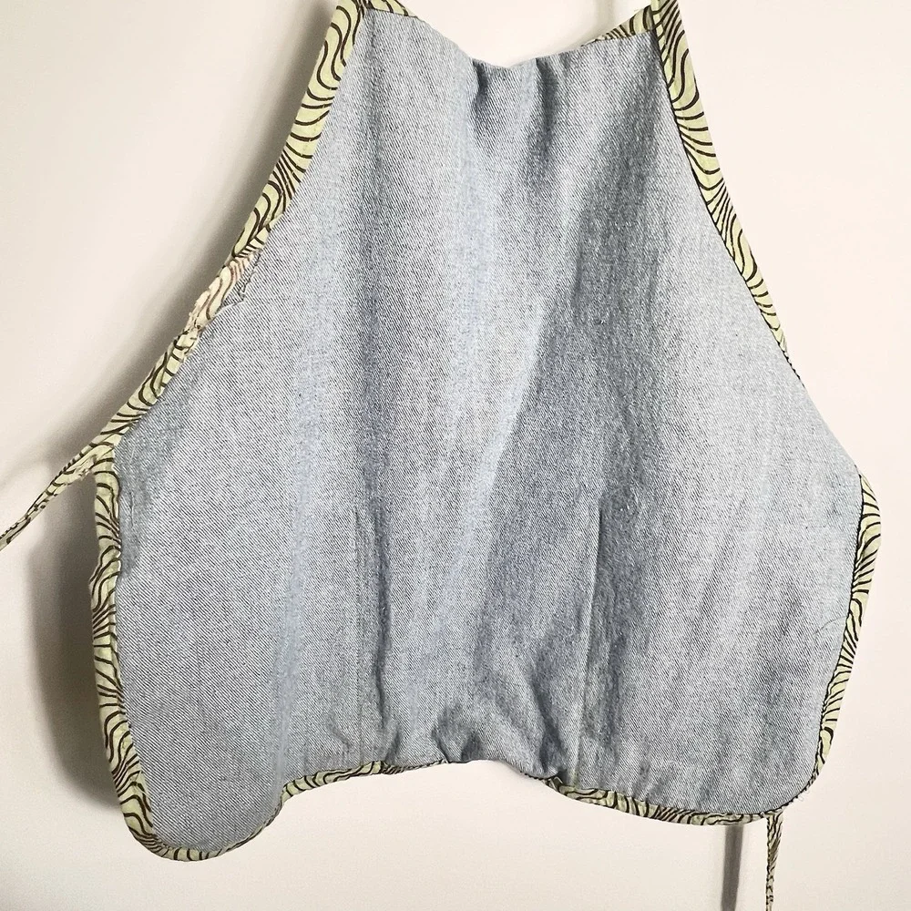 Vtg Handmade Denim Apron‎ Green Wavy Trim and Pockets Child Sized Or Adult Torso